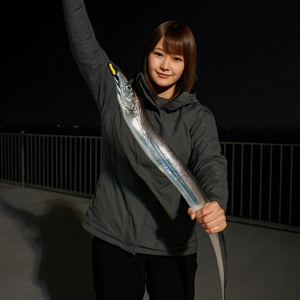 南芦屋浜ベランダでタチウオを釣る山際