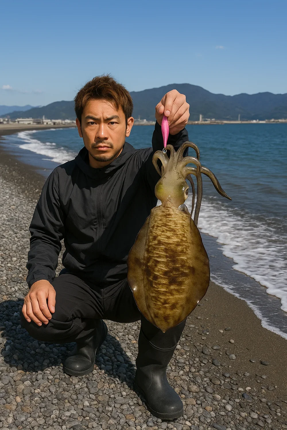 石津浜でアオリイカを釣る広岡