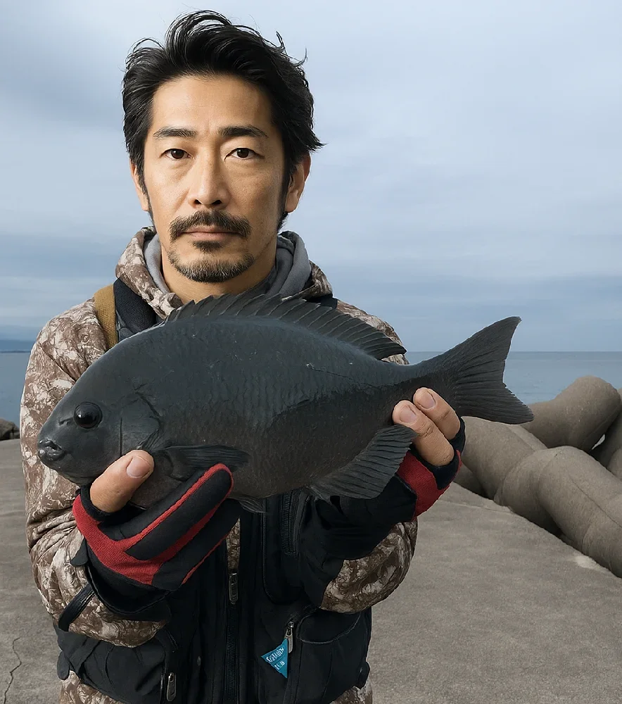 江之浦漁港でメジナを釣る佐々木