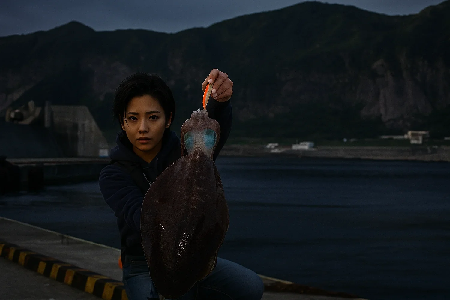 新島渡浮根港でアオリイカを釣る佐伯