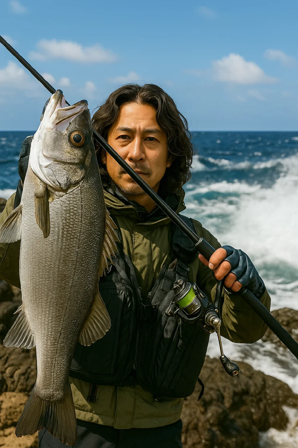 赤崎でヒラスズキを釣る岸本