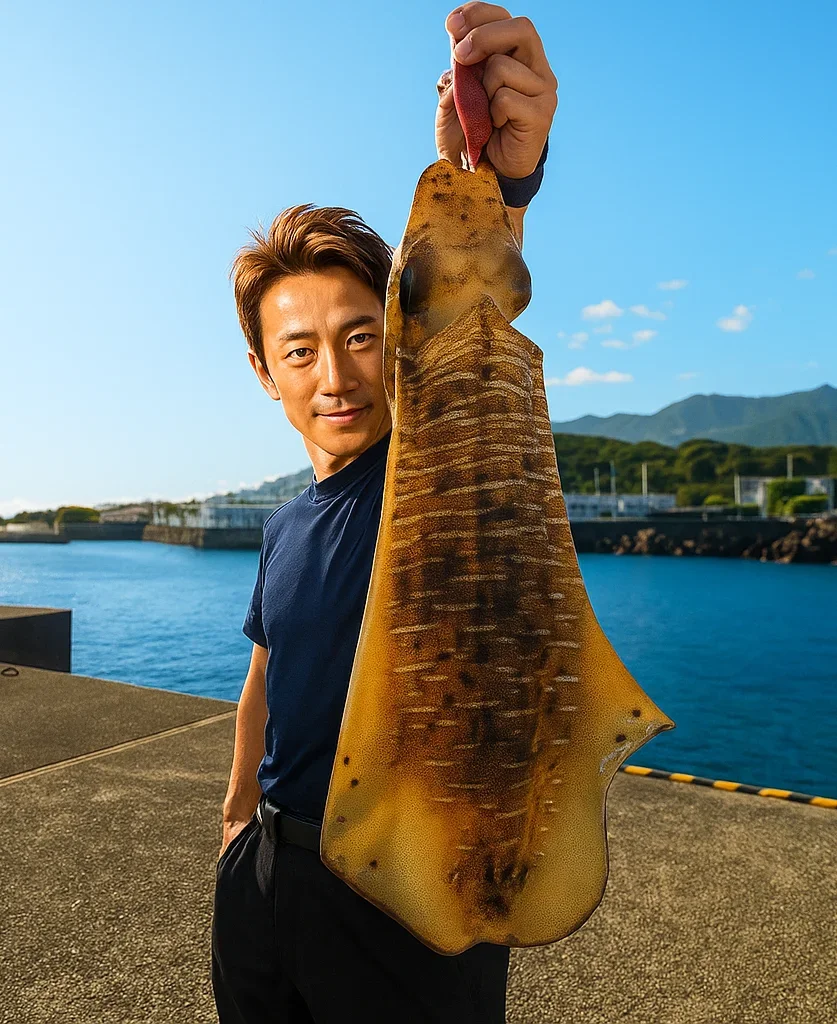 八丈島神湊港でアオリイカを釣る亀岡