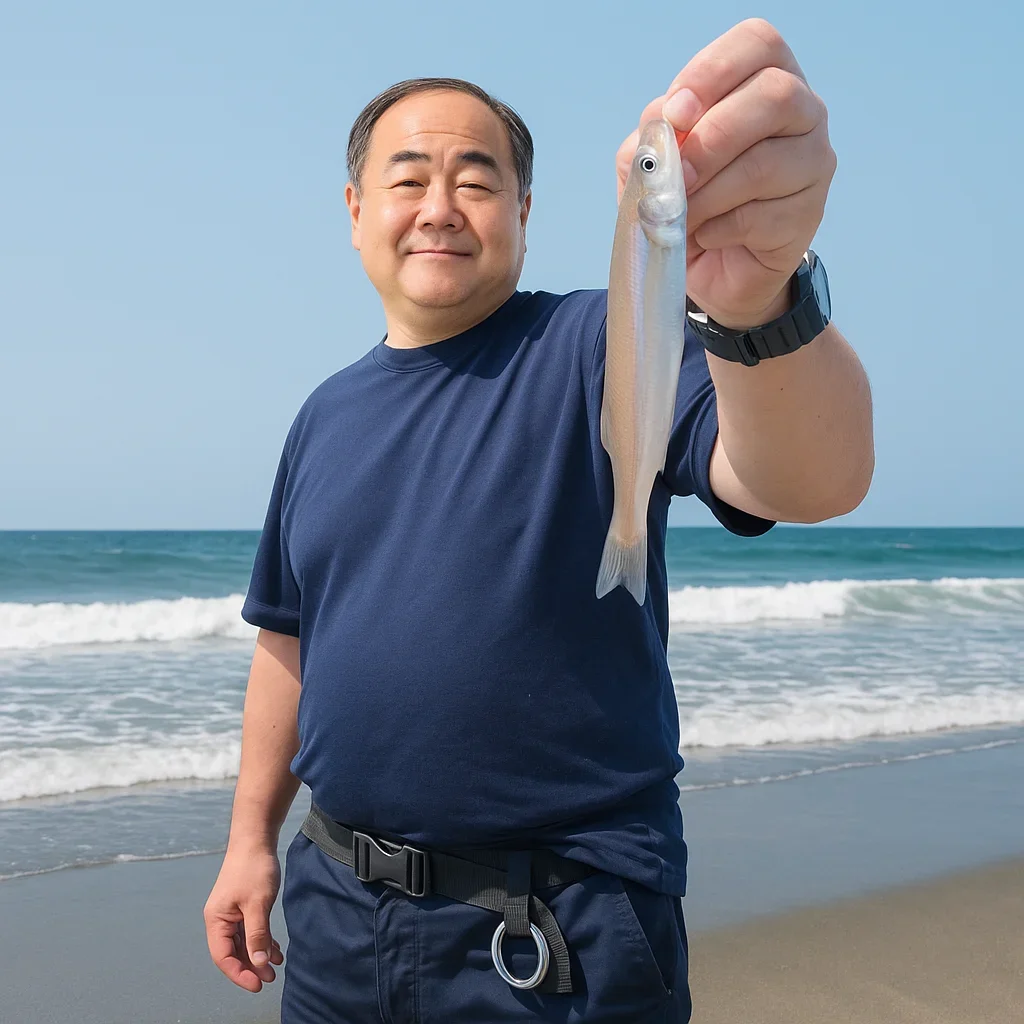白須賀海岸でキスを釣る持田