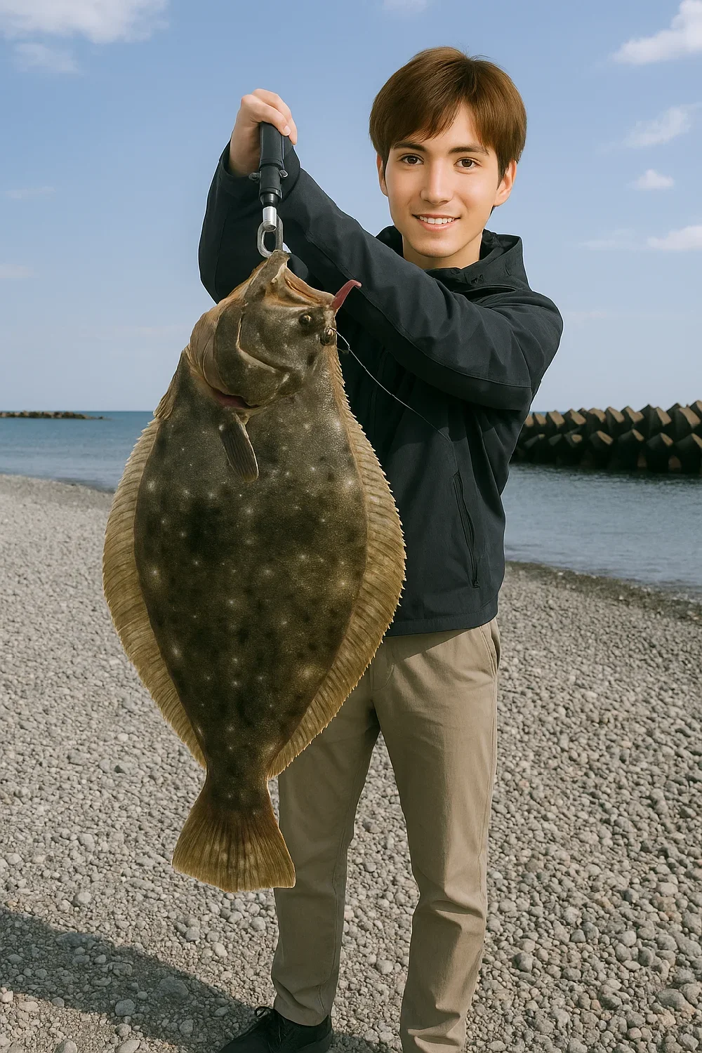 久能海岸でヒラメを釣る久良木