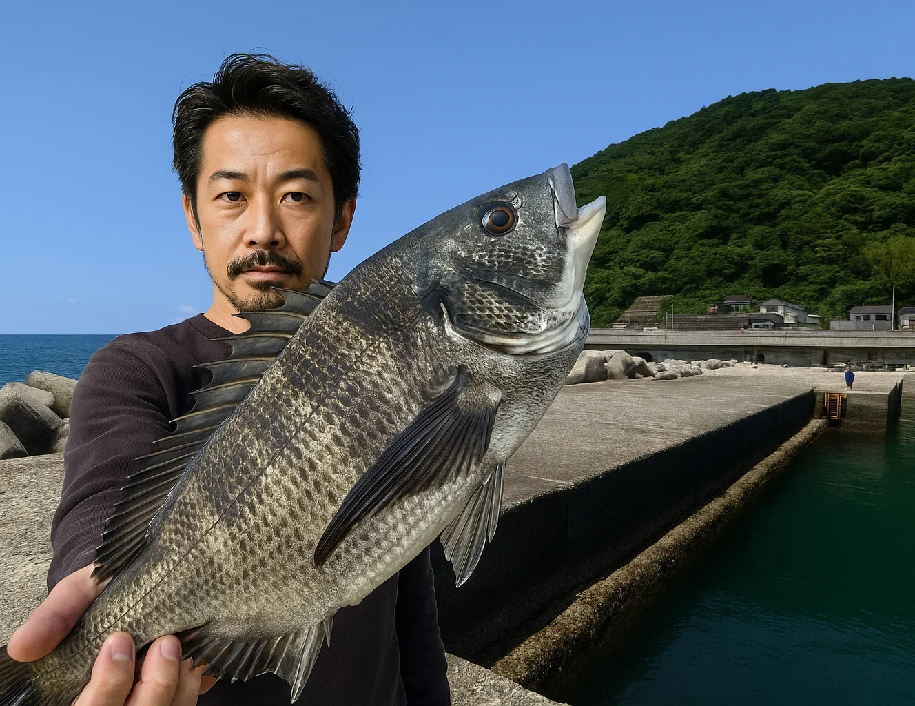 西倉沢漁港でクロダイを釣る佐々木