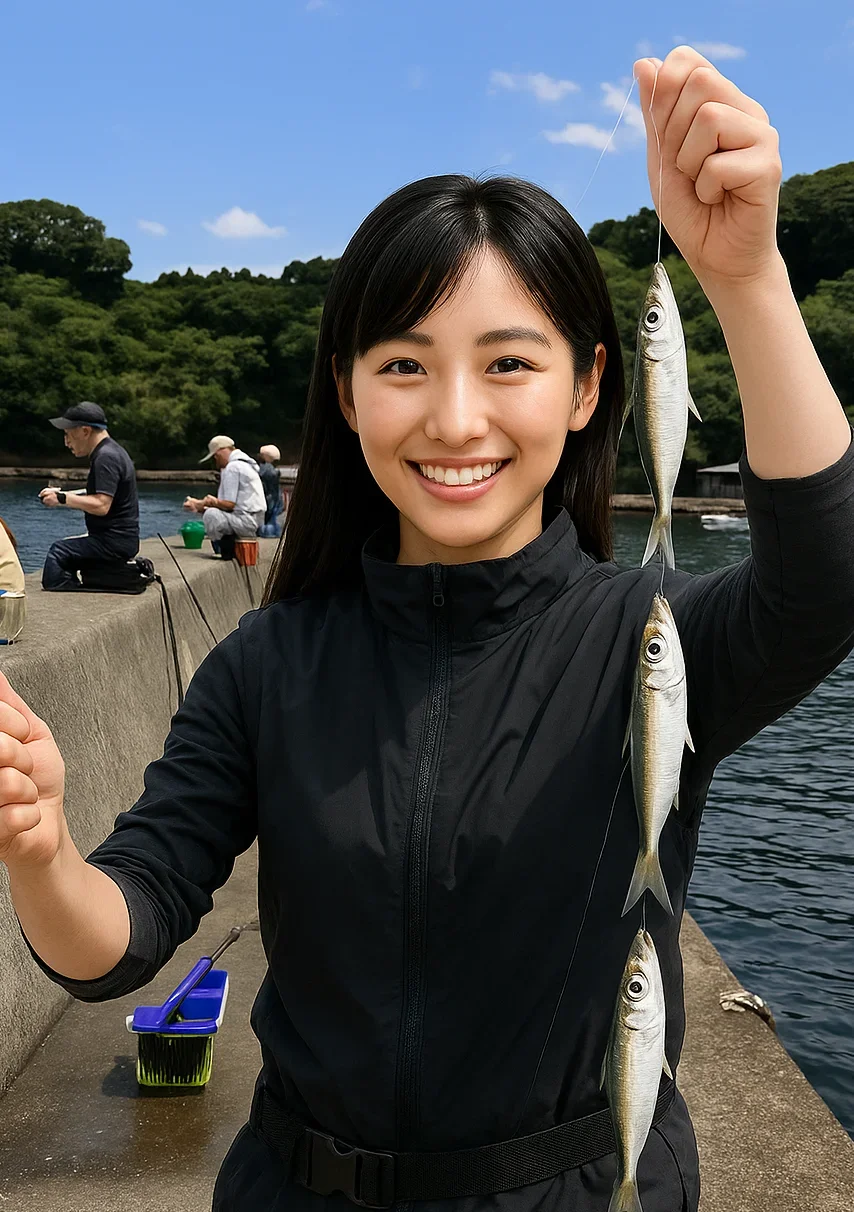 足保港でイワシを釣る黒川