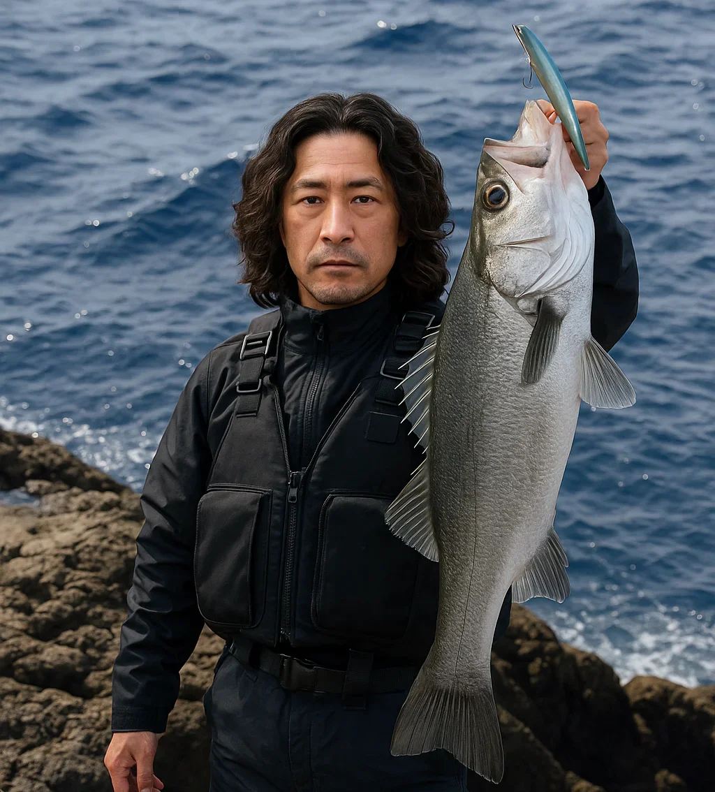 黄金崎でヒラスズキを釣る岸本
