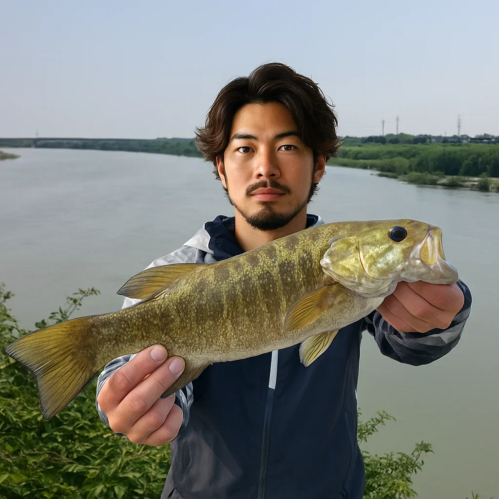 天竜川でスモールマウスバスを釣る澤田