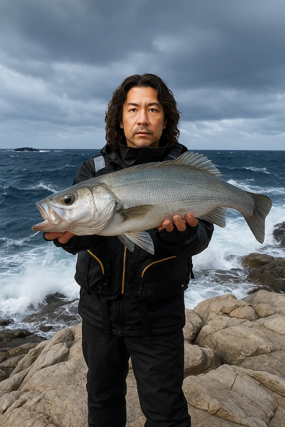 蛇ノ鼻でヒラスズキを釣る岸本