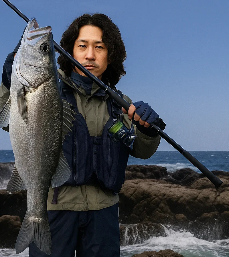 切目崎でヒラスズキを釣る岸本