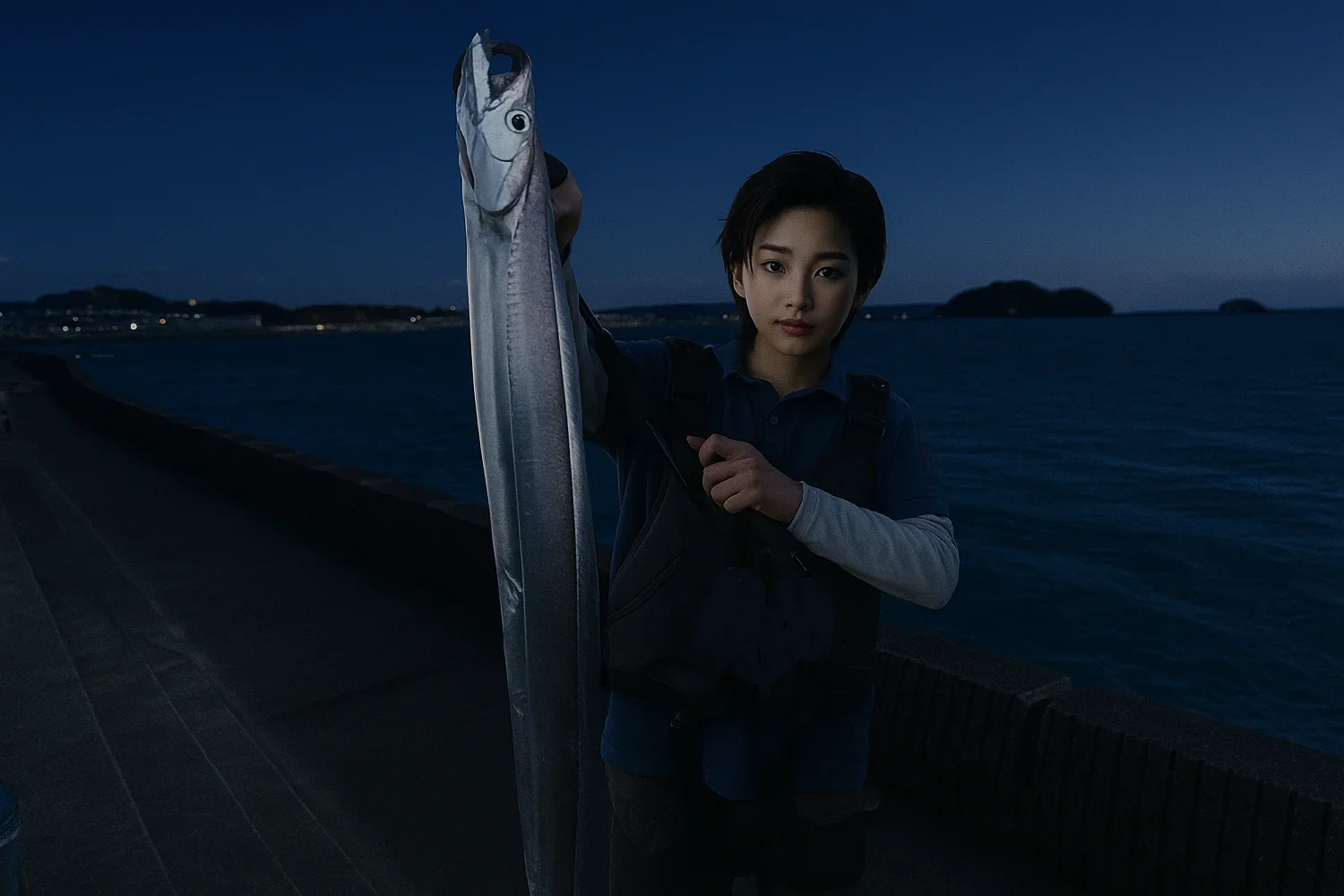 芳養漁港でタチウオを釣る佐伯