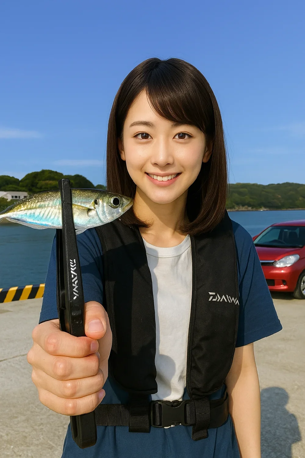 文里港でアジを釣る西岡