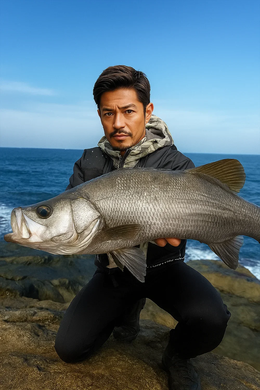 白浜千畳敷でヒラスズキを釣る広岡