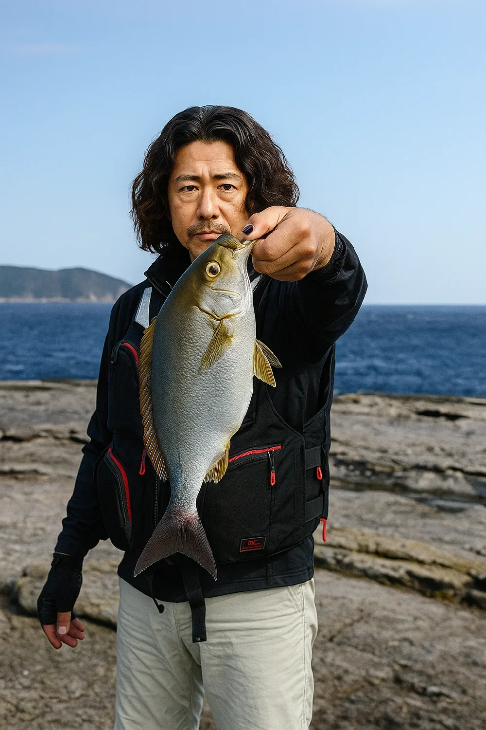 日置大崎でイサキを釣る岸本