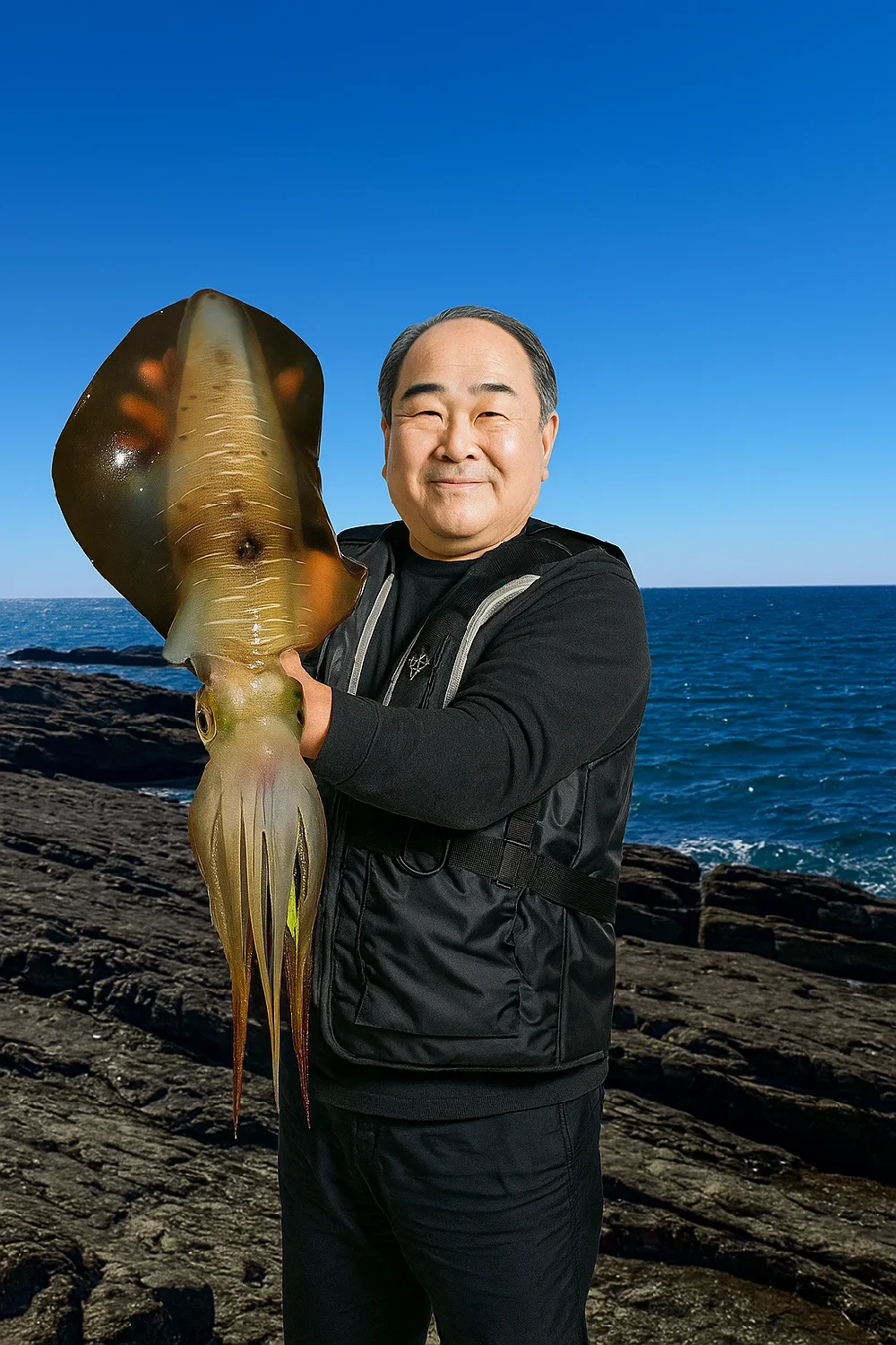 田子崎でアオリイカを釣る持田