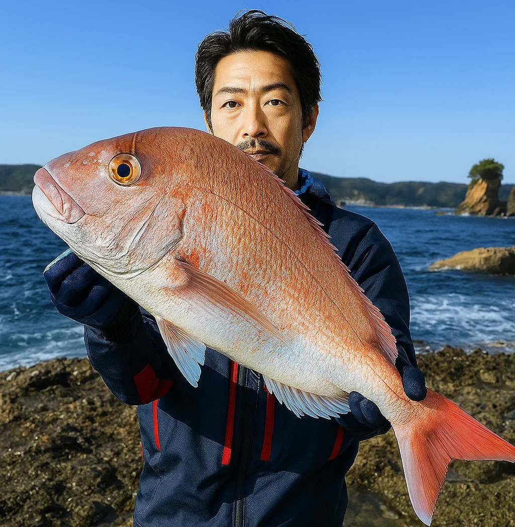 九龍島付近でマダイを釣る佐々木