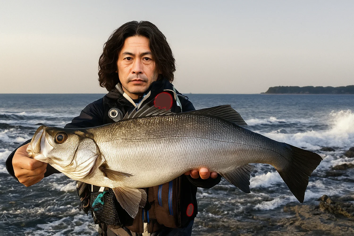 大沛崎でヒラスズキを釣る岸本