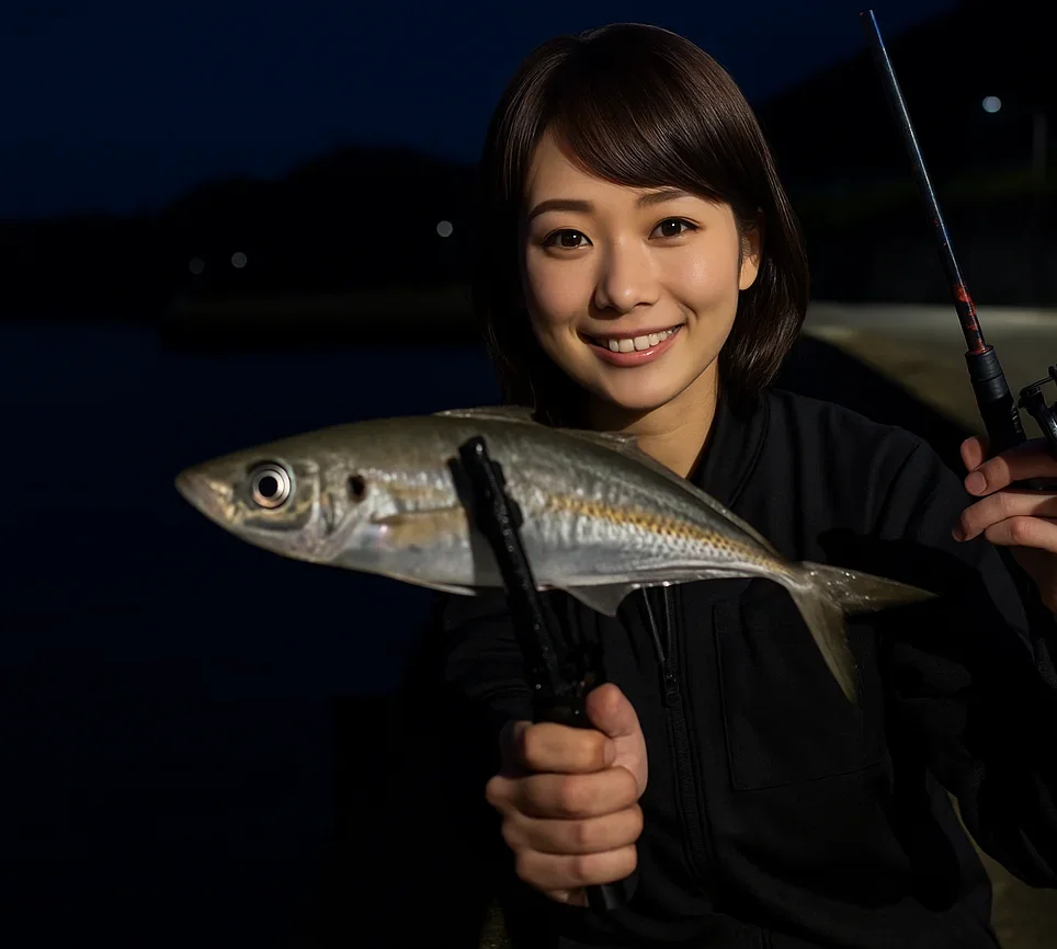 太地港でアジを釣る西岡
