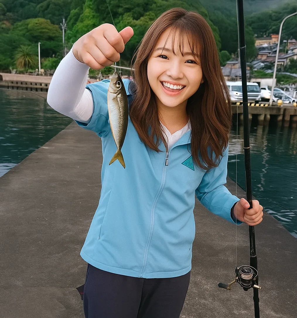 三木浦漁港でアジを釣る西岡