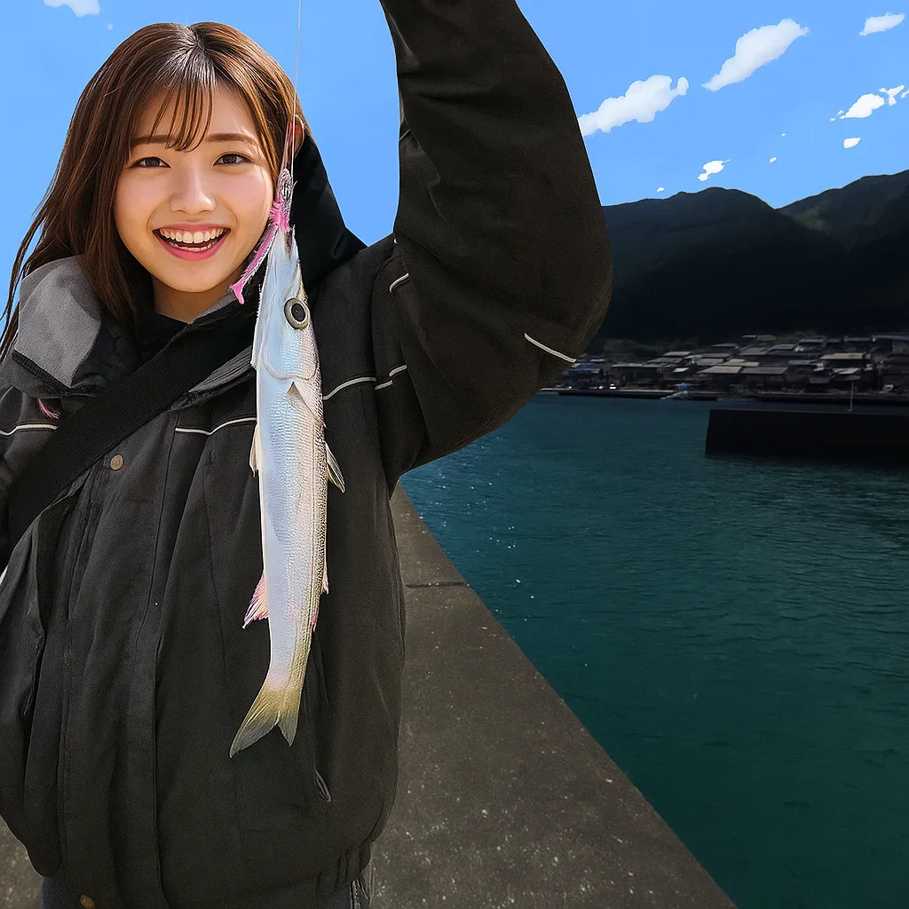 大曽根浦漁港でカマスを釣る西岡