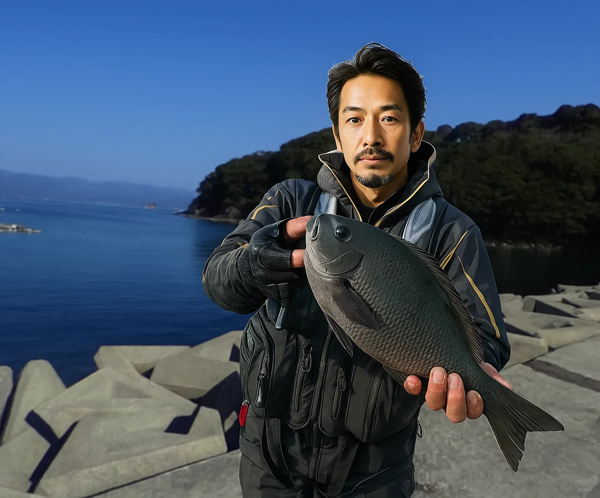 島勝浦漁港でグレを釣る佐々木