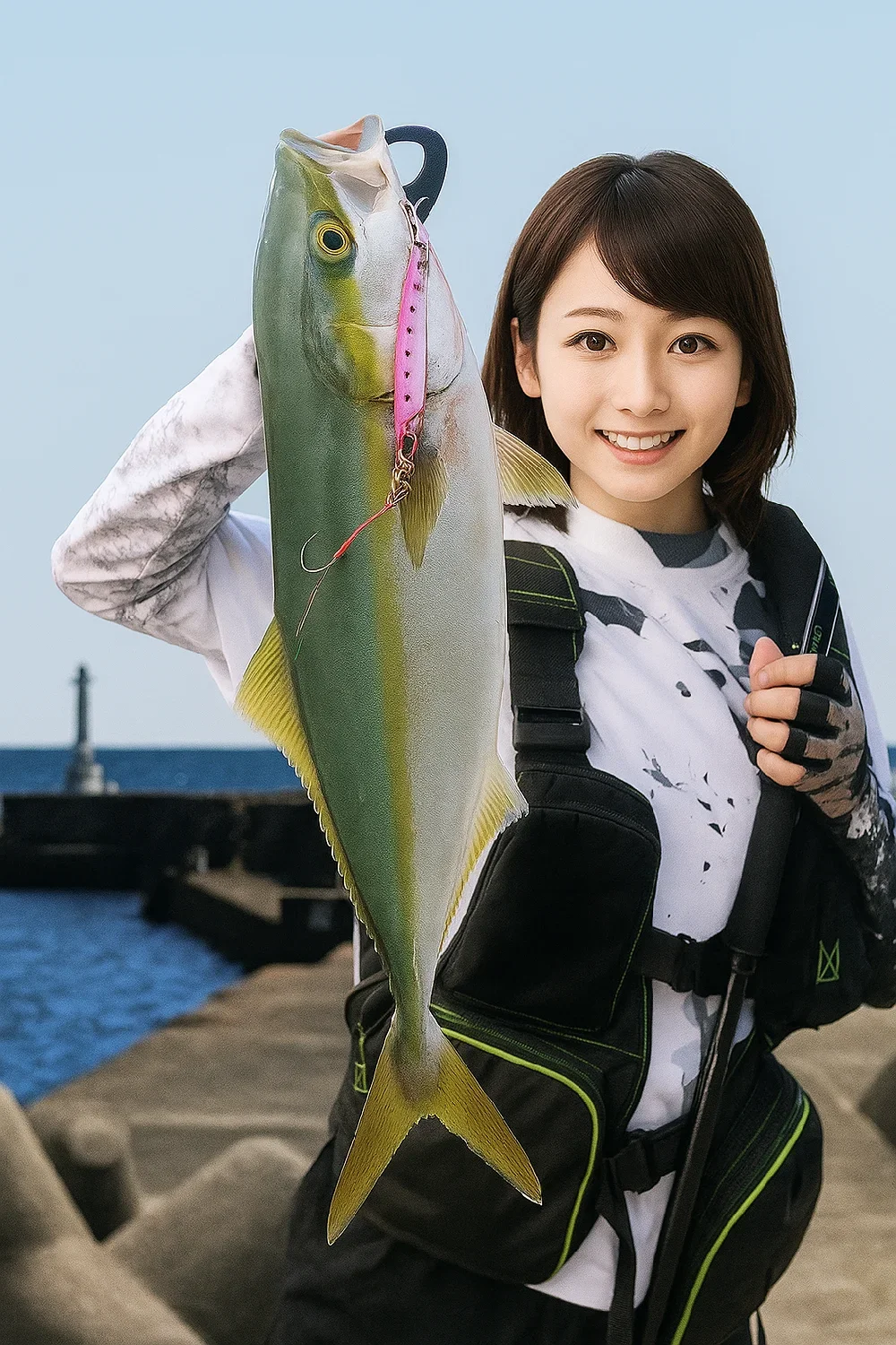 釜口漁港でハマチを釣る西岡