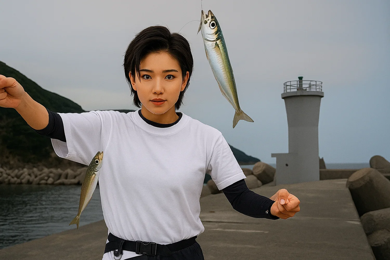 仁頃漁港でサバを釣る佐伯