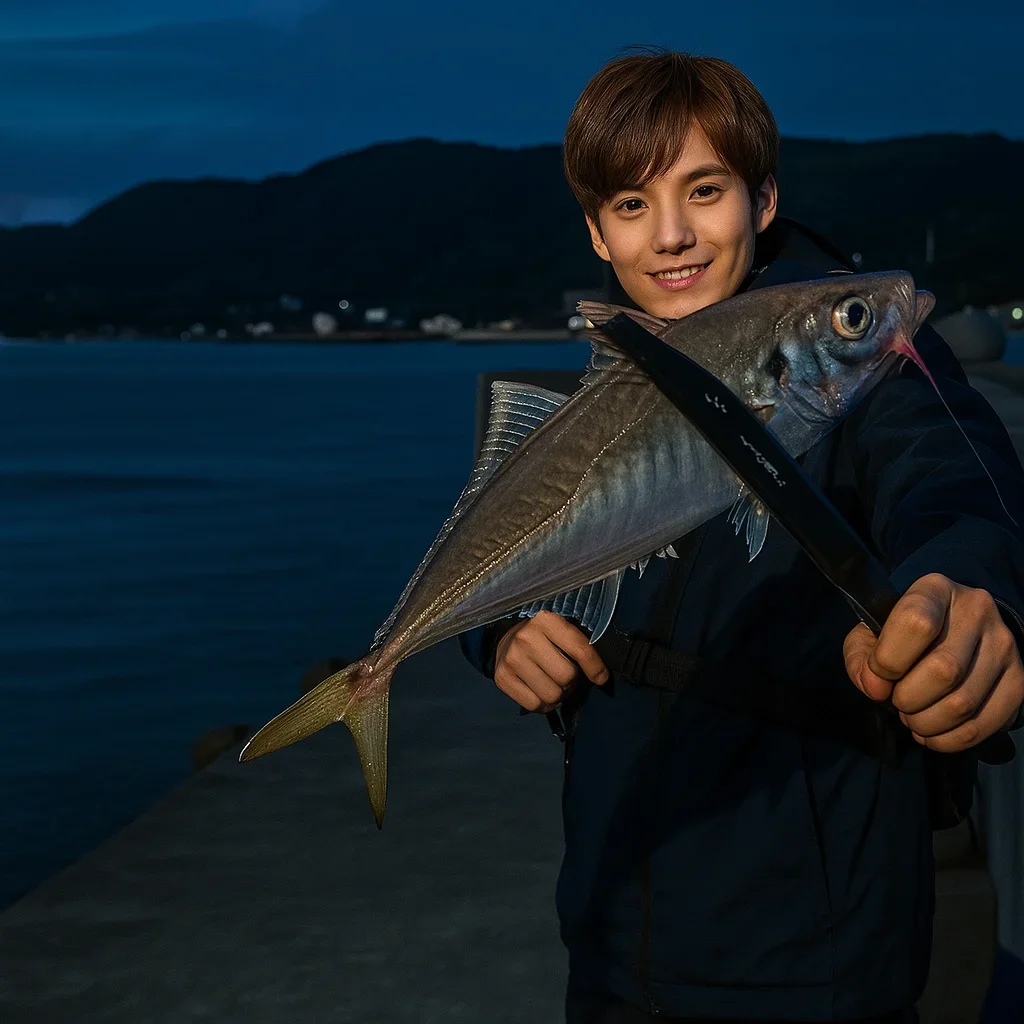 富島漁港でアジを釣る久良木