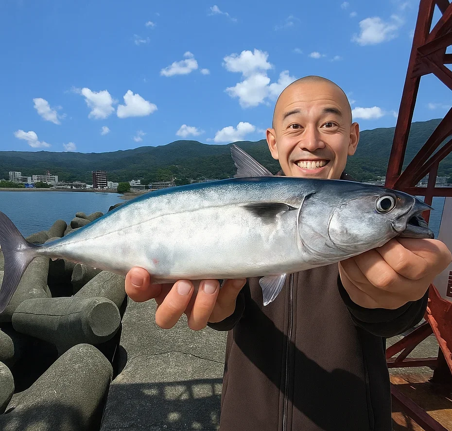 土肥港でソウダガツオを釣るがんだま君