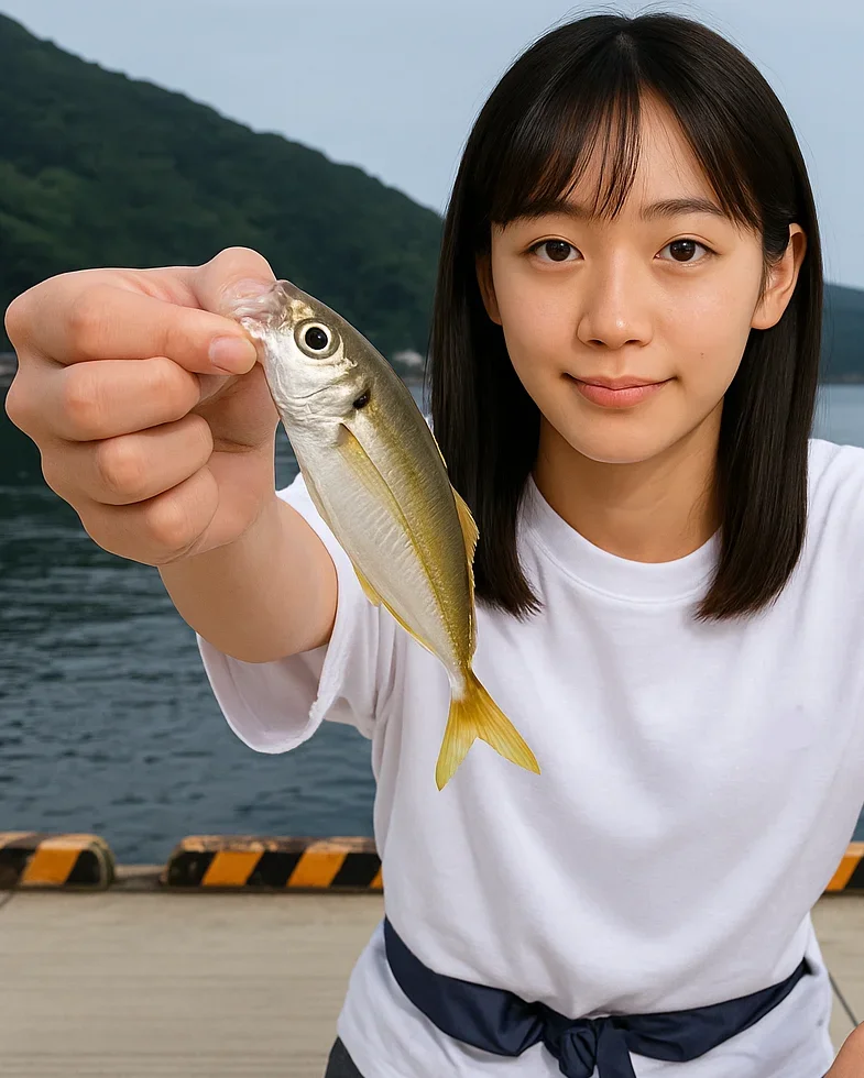 戸田港でアジを釣る女性