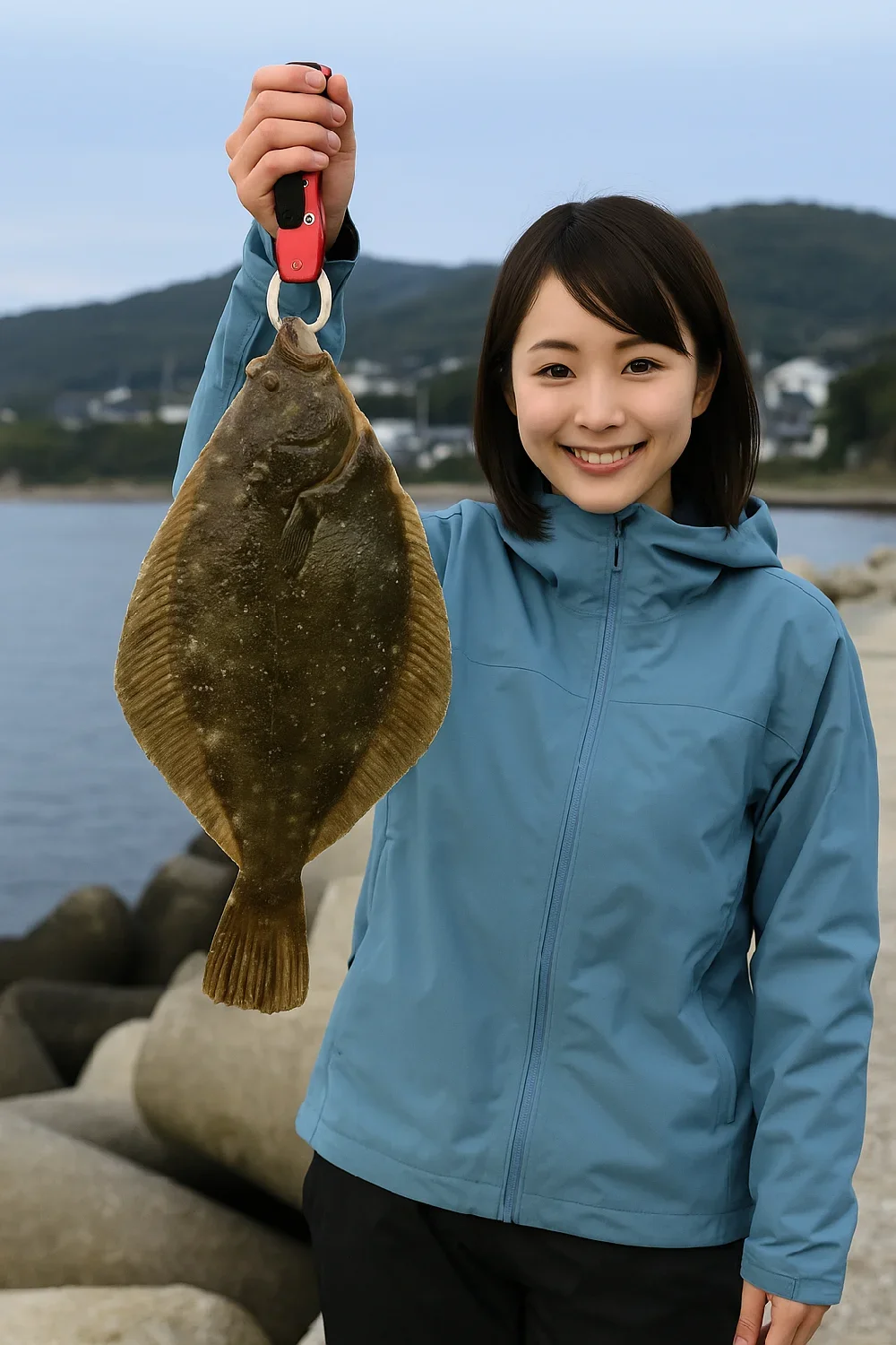 淡輪ヨットハーバーでカレイの釣果を得た女性