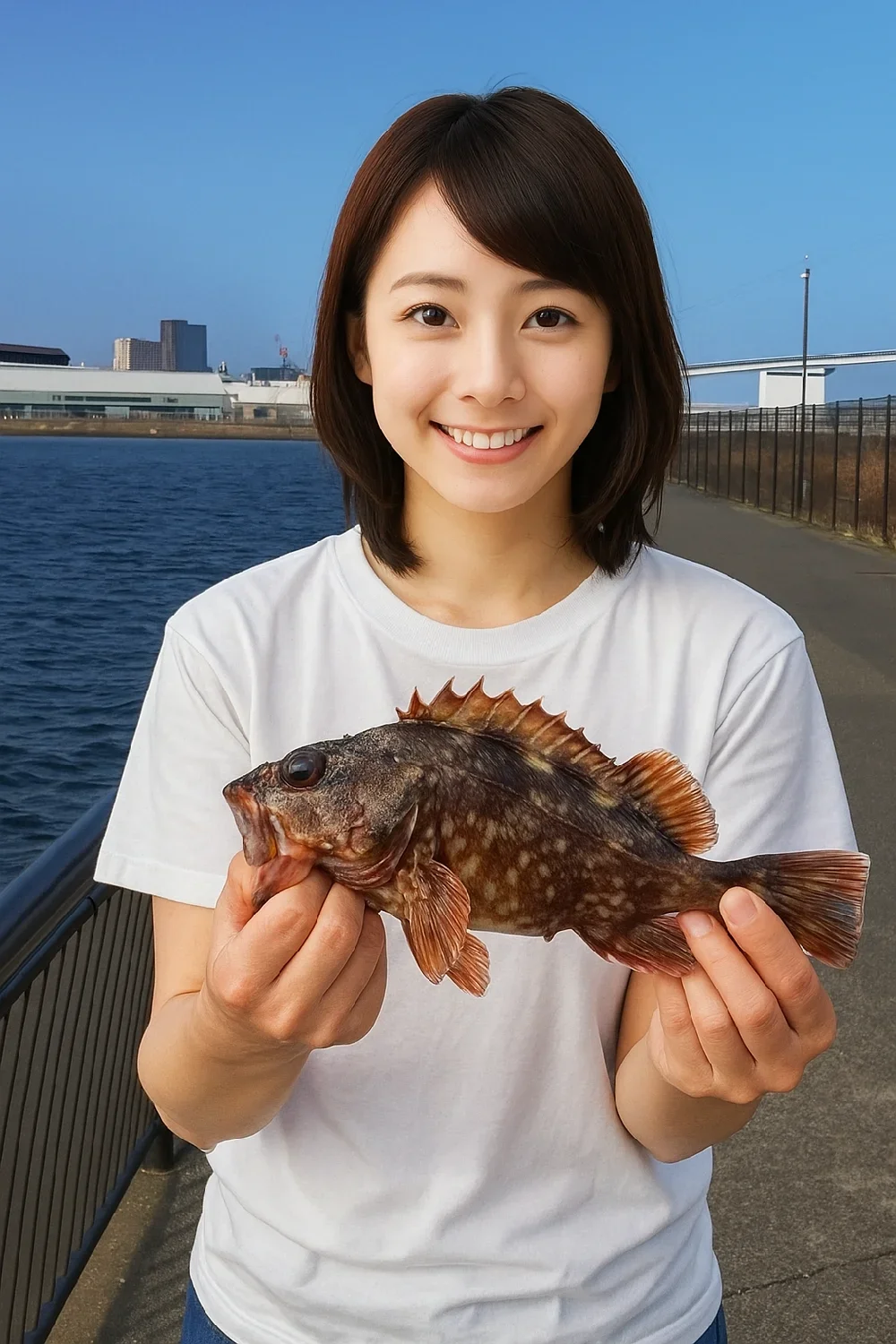 鶴浜緑地でガシラを釣る西岡