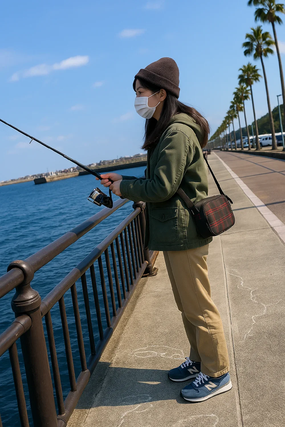 新居弁天海釣公園の岸壁で釣りをする女性
