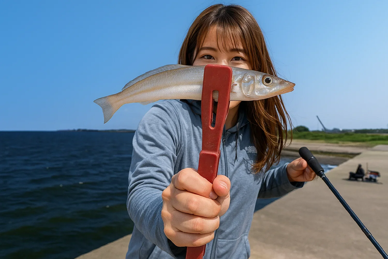 磯津漁港でシロギスを釣る西岡