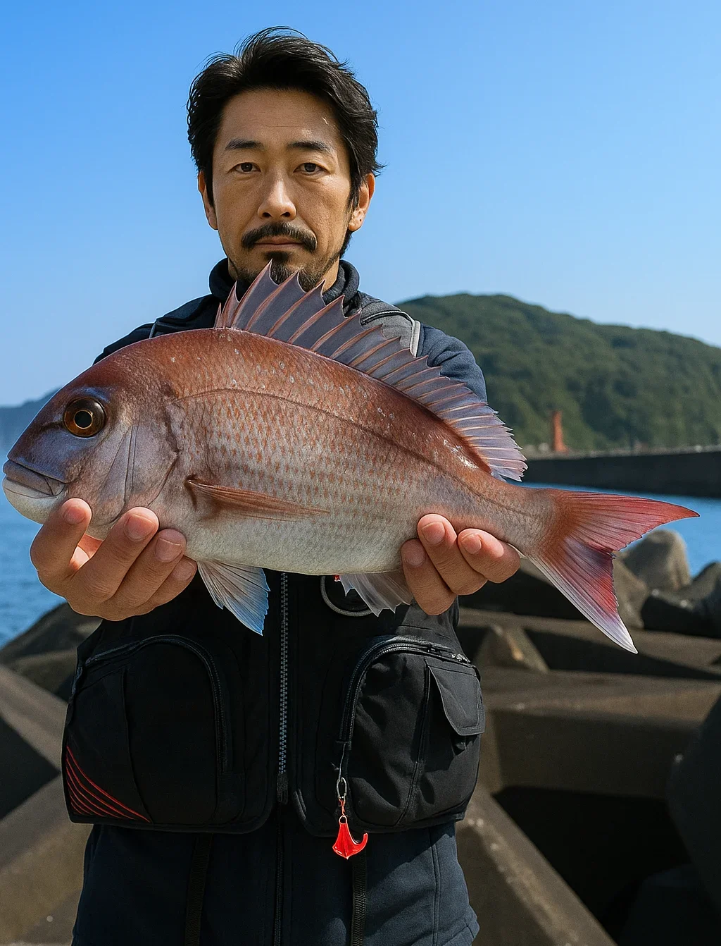 田曽突堤でマダイを釣る佐々木