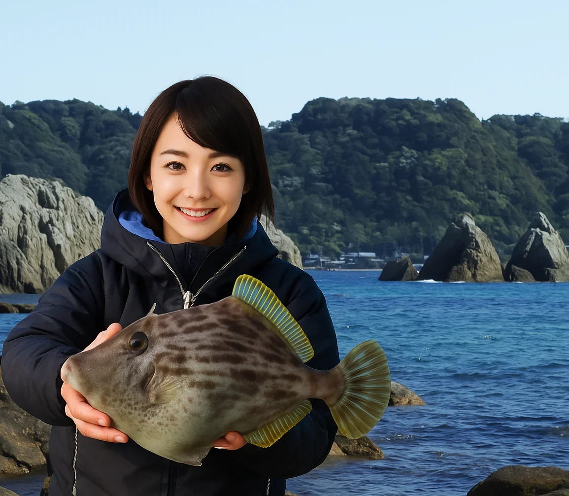 橋杭岩でカワハギを釣る西岡