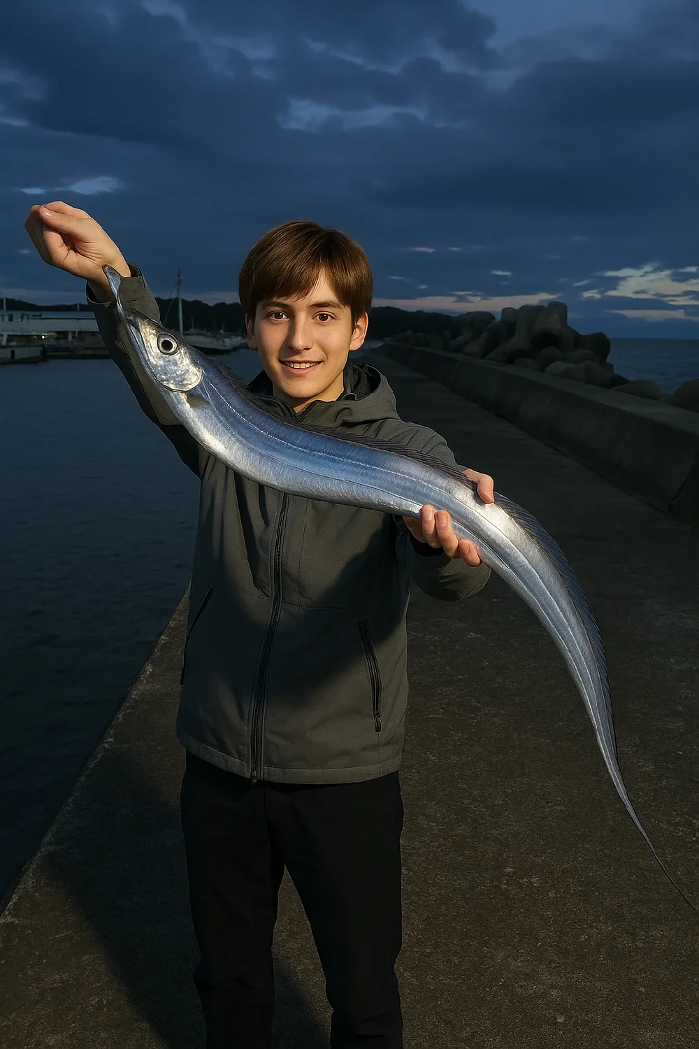 淡輪漁港でタチウオを釣る久良木