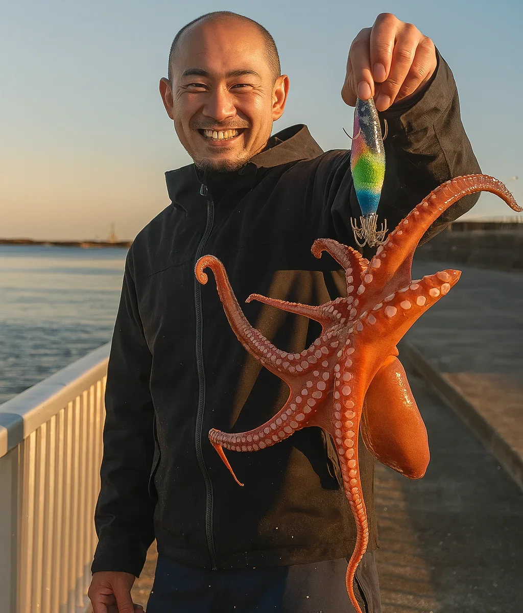 林崎漁港でタコを釣るがんだま君