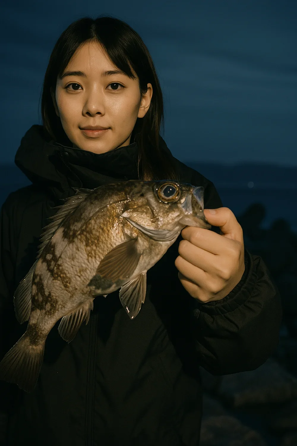 魚住漁港でメバルを釣る森永
