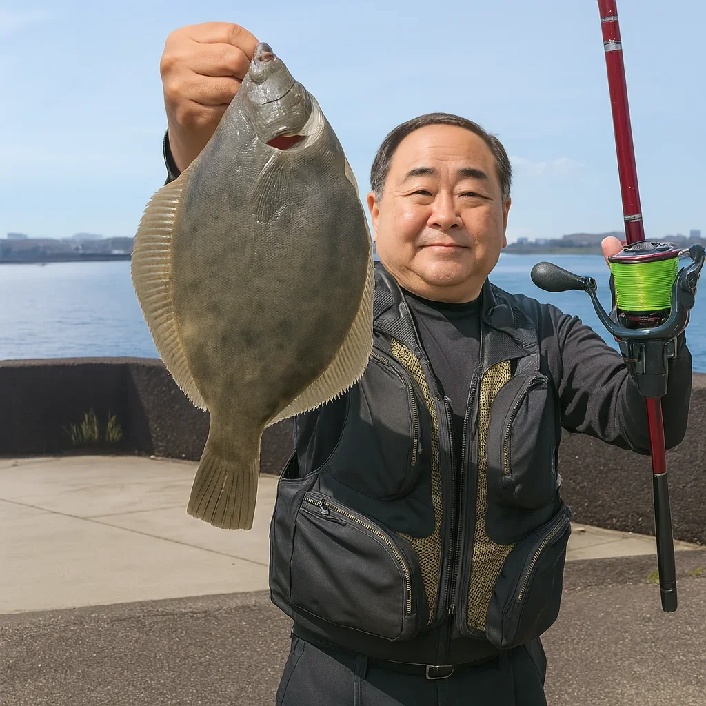東二見人工島でカレイを釣る持田