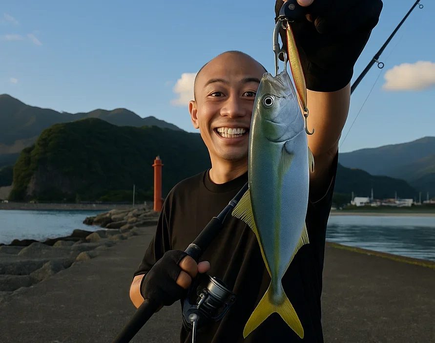 宇久須港でイナダを釣るがんだま君