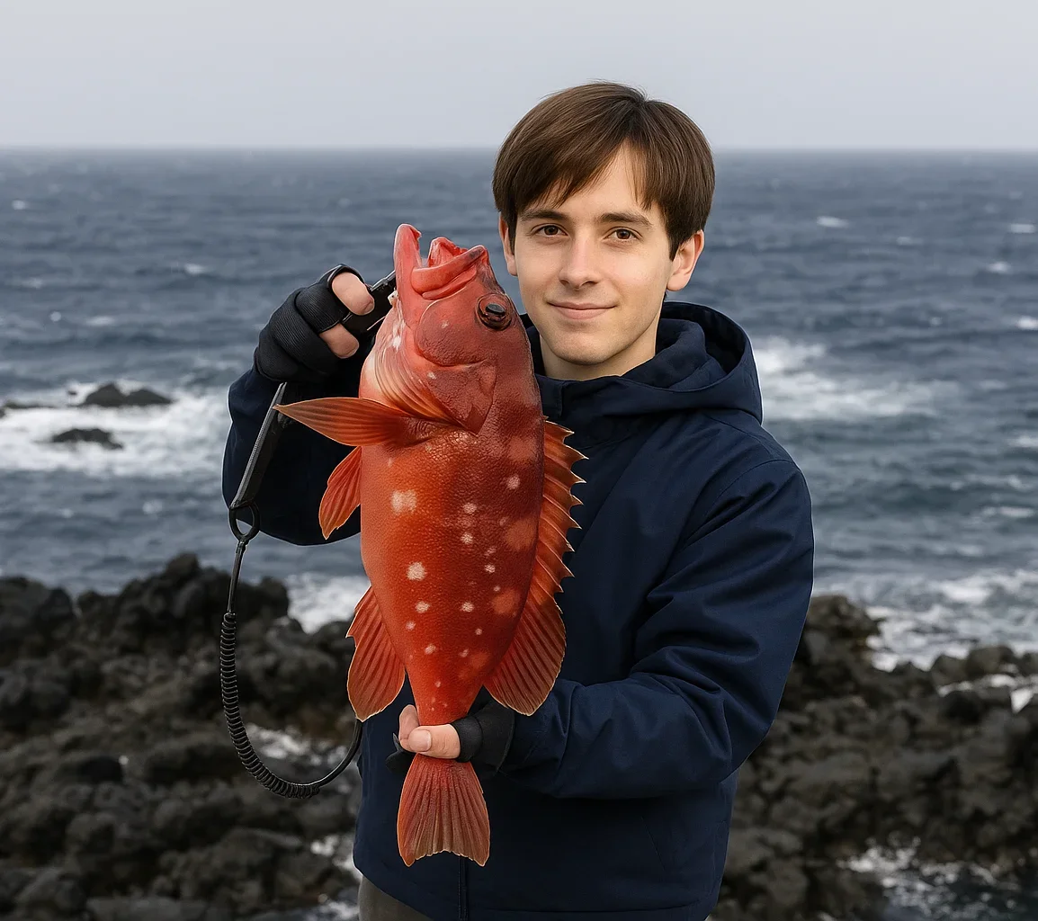 伊豆大島野田浜でアカハタを釣る久良木