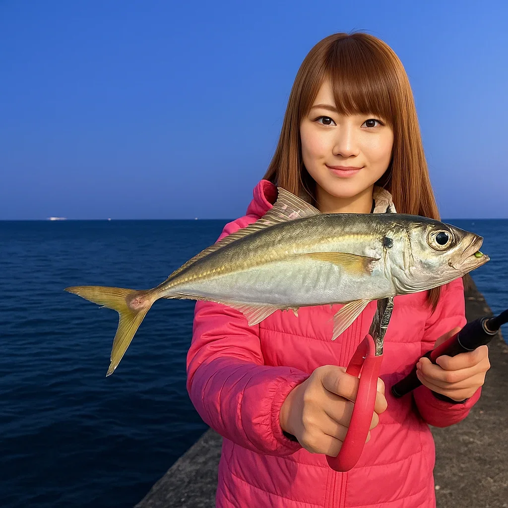小島漁港でアジを釣る山際