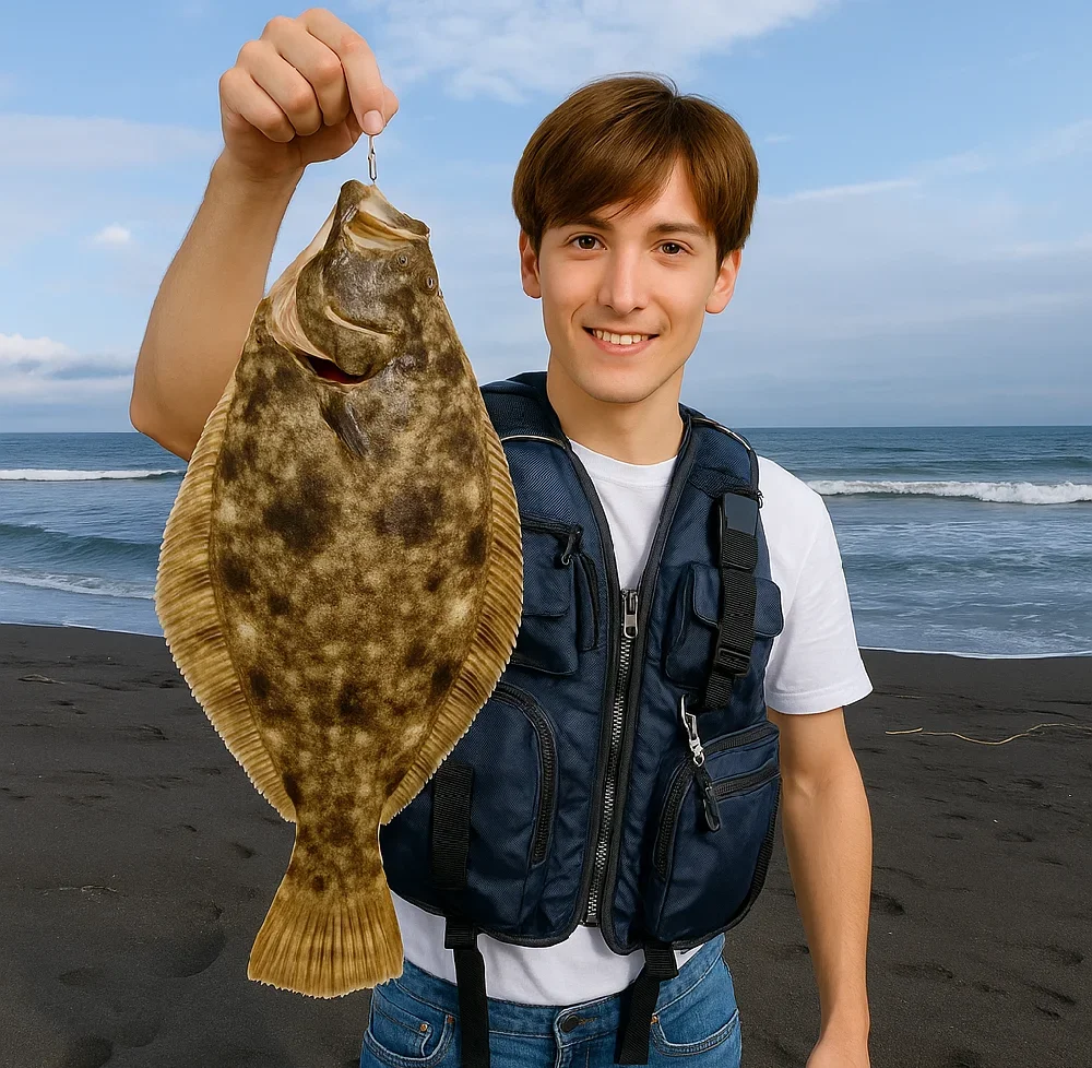 平塚海岸でヒラメを釣る男性