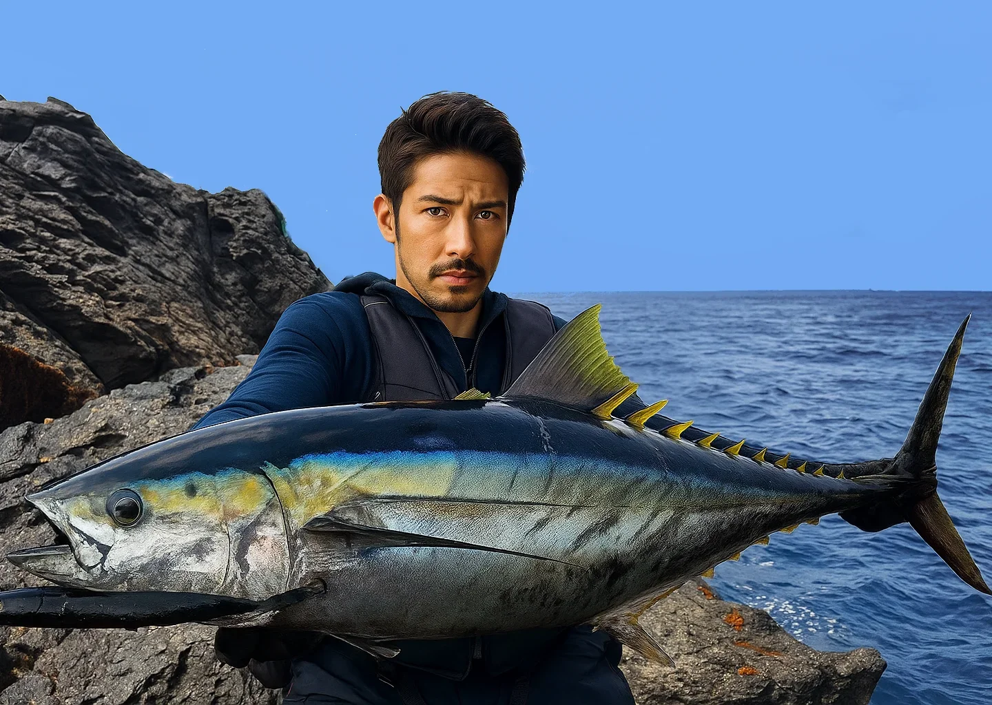 鵜渡根島でキハダマグロを釣る広岡