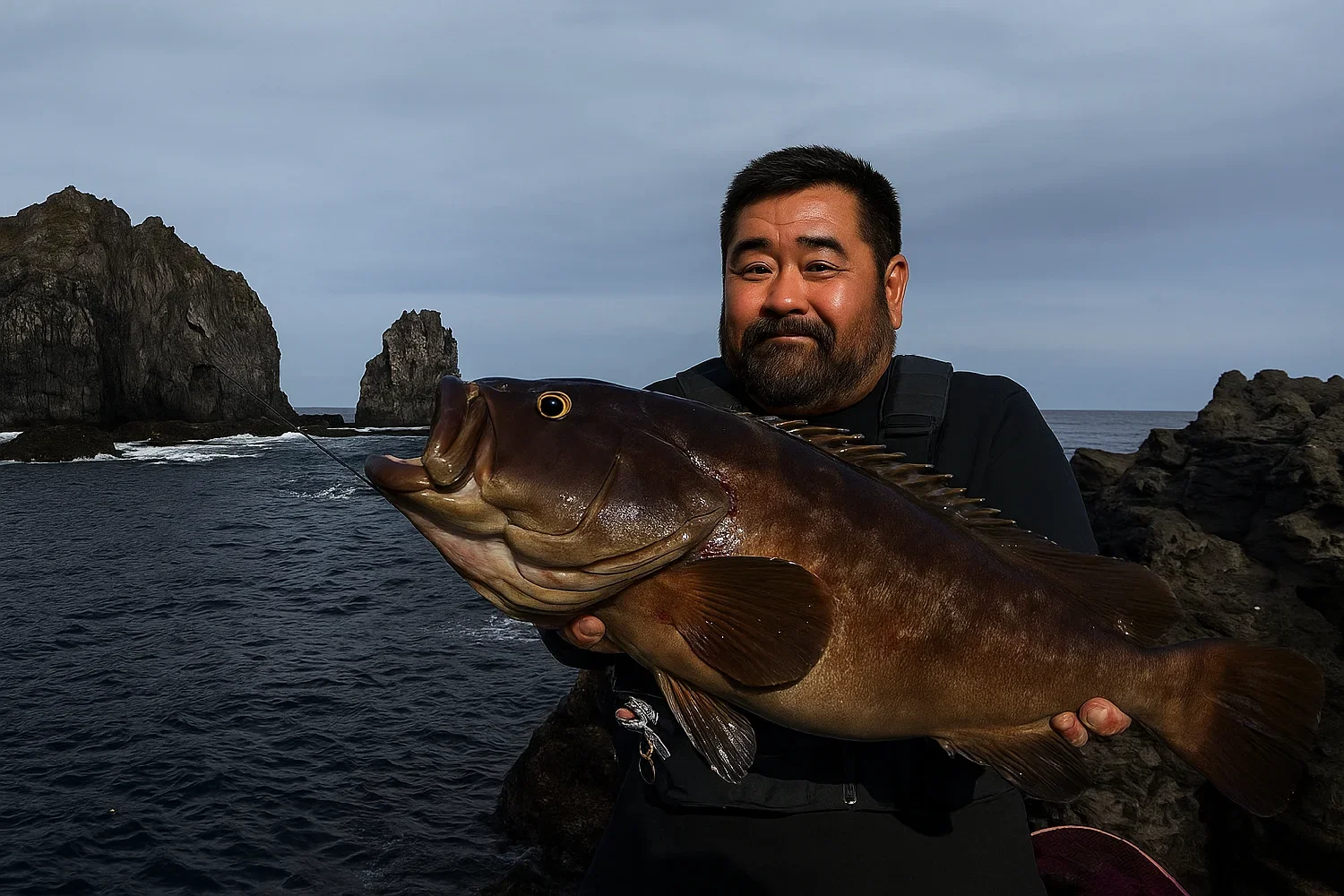 恩馳島でクエを釣る楢崎