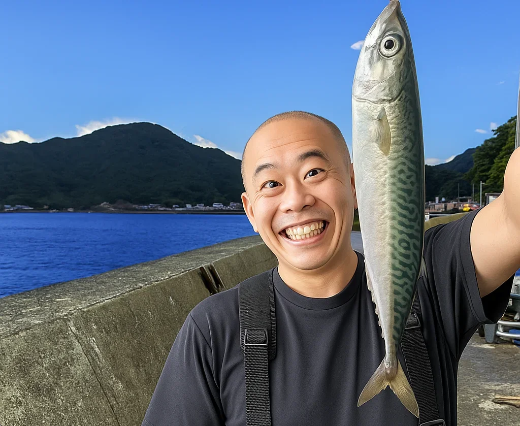 重寺港でサバを釣るがんだま君