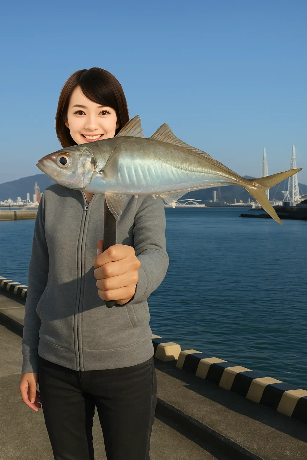 塩津漁港でアジを釣る女性