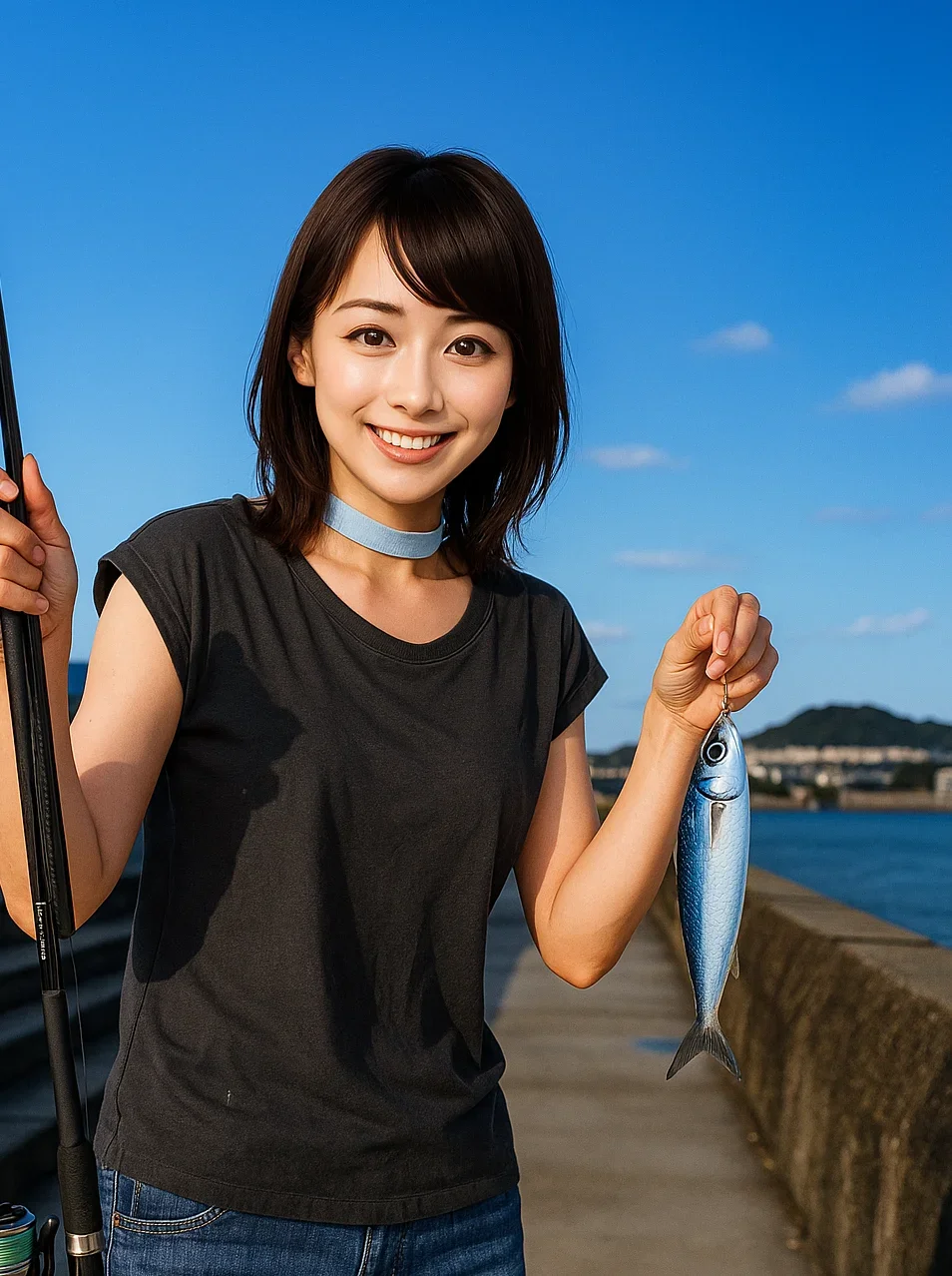 芳養漁港でイワシを釣る西岡