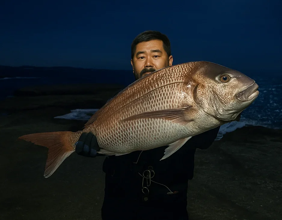 天神崎でマダイを釣る楢崎